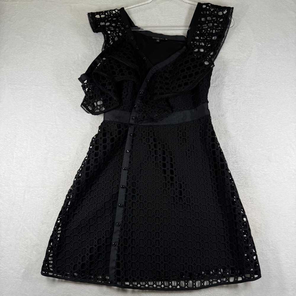 Gianni Bini Black Eyelet Lace Asymmetrical Ruffle Mini Dress Size 6 LBD Skater